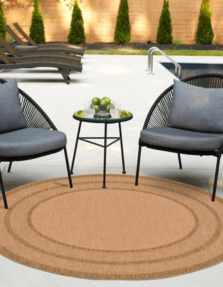 Unique Loom Outdoor Border T-KOZA-K3012A Tan Area Rug Round Lifestyle Image