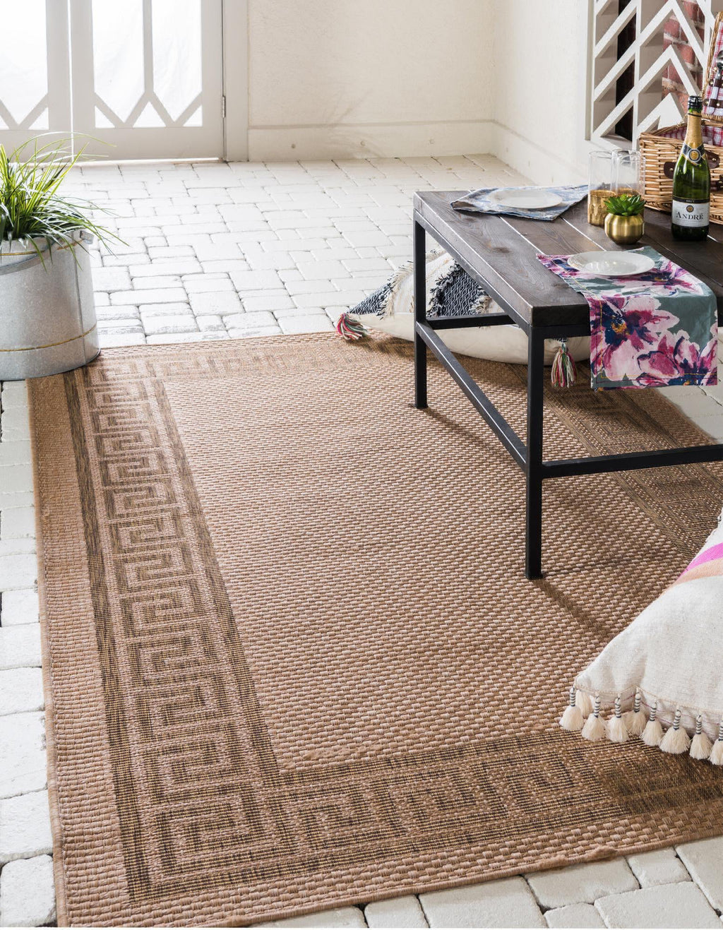 Unique Loom Outdoor Border T-KOZA-K3040A Light Brown Area Rug Rectangle Lifestyle Image Feature