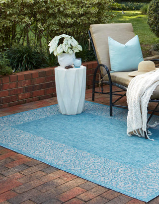 Unique Loom Outdoor Border T-KZOD1 Aqua Area Rug Rectangle Lifestyle Image