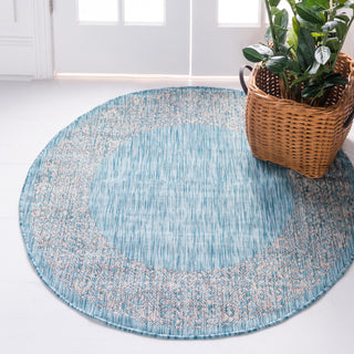 Unique Loom Outdoor Border T-KZOD1 Aqua Area Rug Round Lifestyle Image