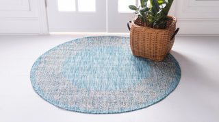 Unique Loom Outdoor Border T-KZOD1 Aqua Area Rug Round Lifestyle Image