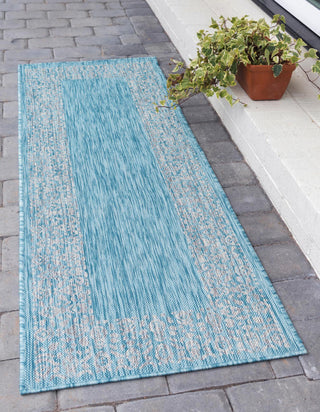 Unique Loom Outdoor Border T-KZOD1 Aqua Area Rug Runner Lifestyle Image