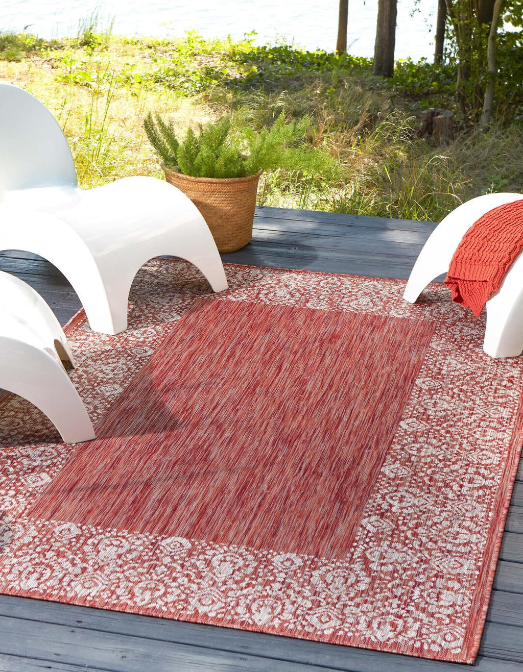 Unique Loom Outdoor Border T-KZOD1 Rust Red Area Rug Rectangle Lifestyle Image Feature