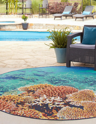 Unique Loom Outdoor Coastal OWE-EDEN-92 Multi Area Rug Round Lifestyle Image