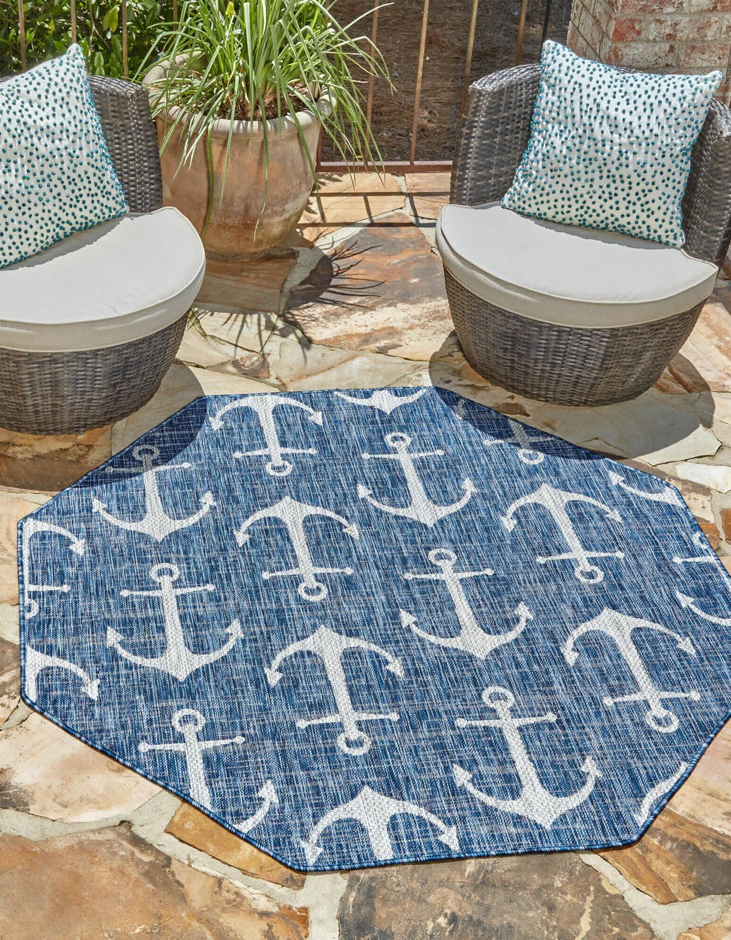 Unique Loom Outdoor Coastal T-KZOD20 Blue Area Rug Octagon Lifestyle Image Feature