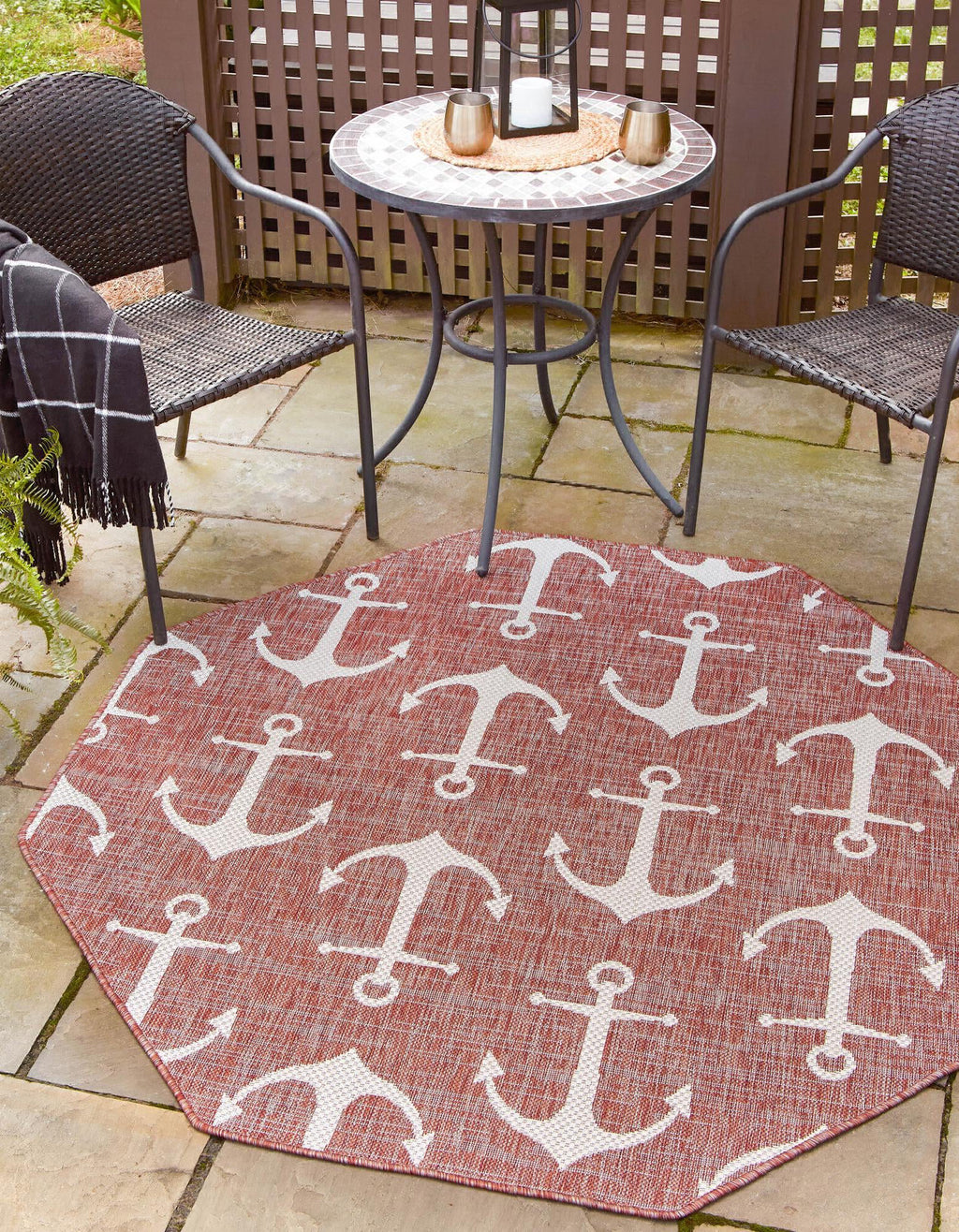 Unique Loom Outdoor Coastal T-KZOD20 Rust Red Area Rug Octagon Lifestyle Image Feature
