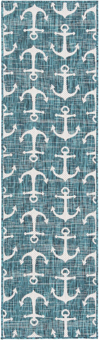 Unique Loom Outdoor Coastal T-KZOD20 Teal Area Rug Runner Top-down Image