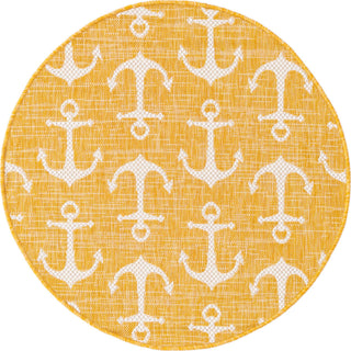 Unique Loom Outdoor Coastal T-KZOD20 Yellow Area Rug Round Top-down Image