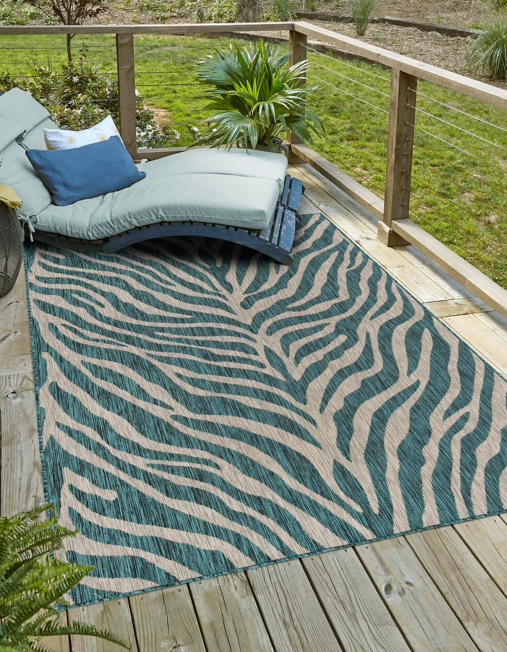 Unique Loom Outdoor Safari T-KZOD25 Teal Area Rug Rectangle Lifestyle Image Feature