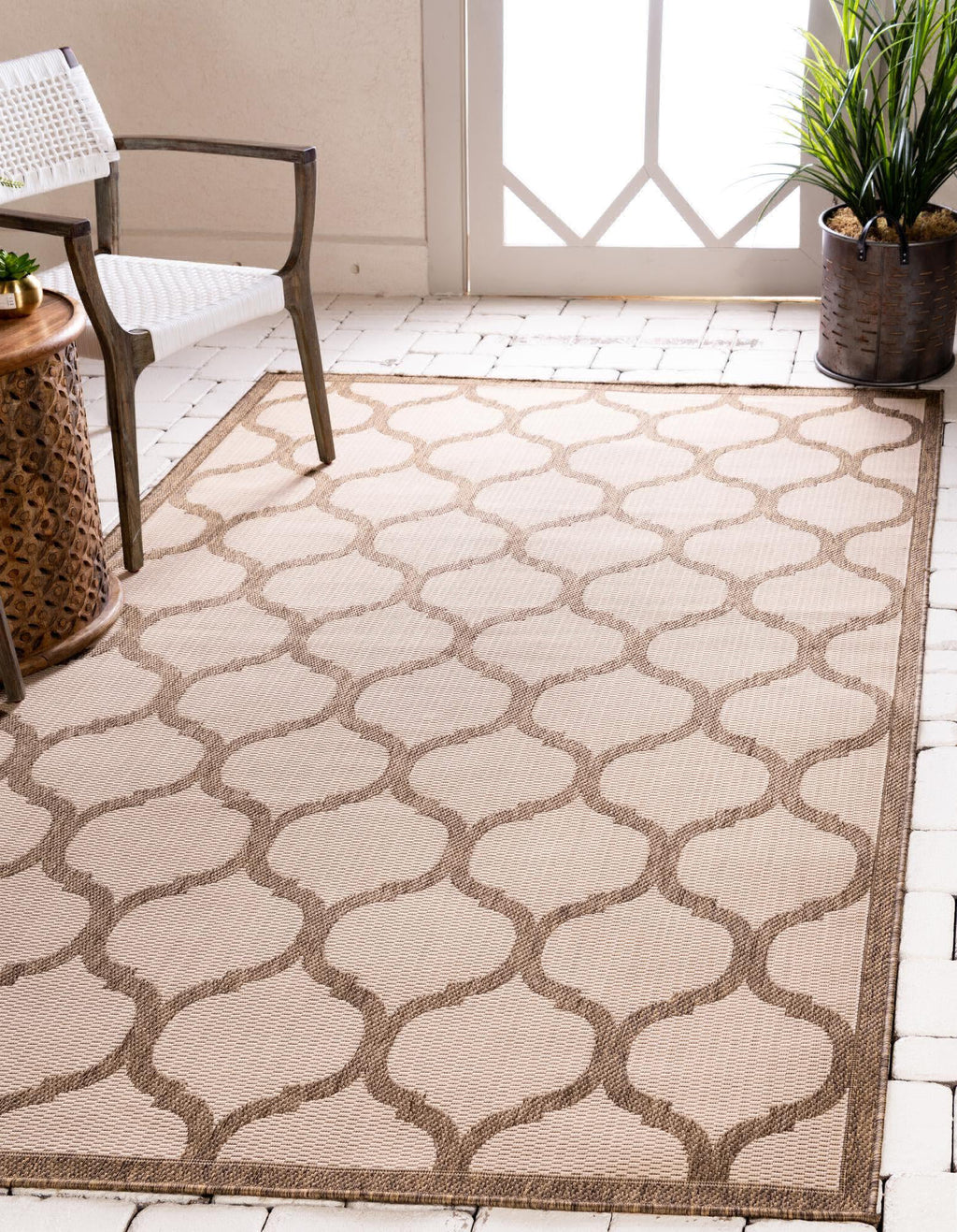 Unique Loom Outdoor Trellis T-KOZA-20431A Beige and Brown Area Rug Rectangle Lifestyle Image Feature