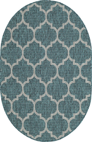 Unique Loom Outdoor Trellis T-KOZA-20596A Teal Area Rug Oval Top-down Image