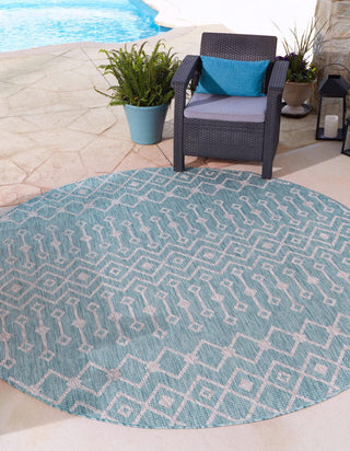 Unique Loom Outdoor Trellis T-KZOD10 Aqua Area Rug Round Lifestyle Image