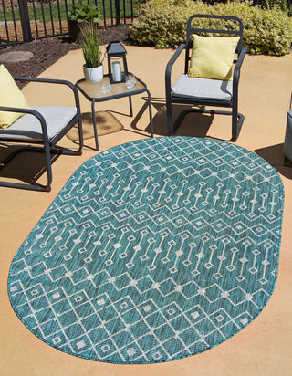 Unique Loom Outdoor Trellis T-KZOD10 Teal Area Rug Oval Lifestyle Image