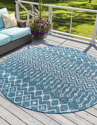 Unique Loom Outdoor Trellis T-KZOD10 Teal Area Rug Round Lifestyle Image