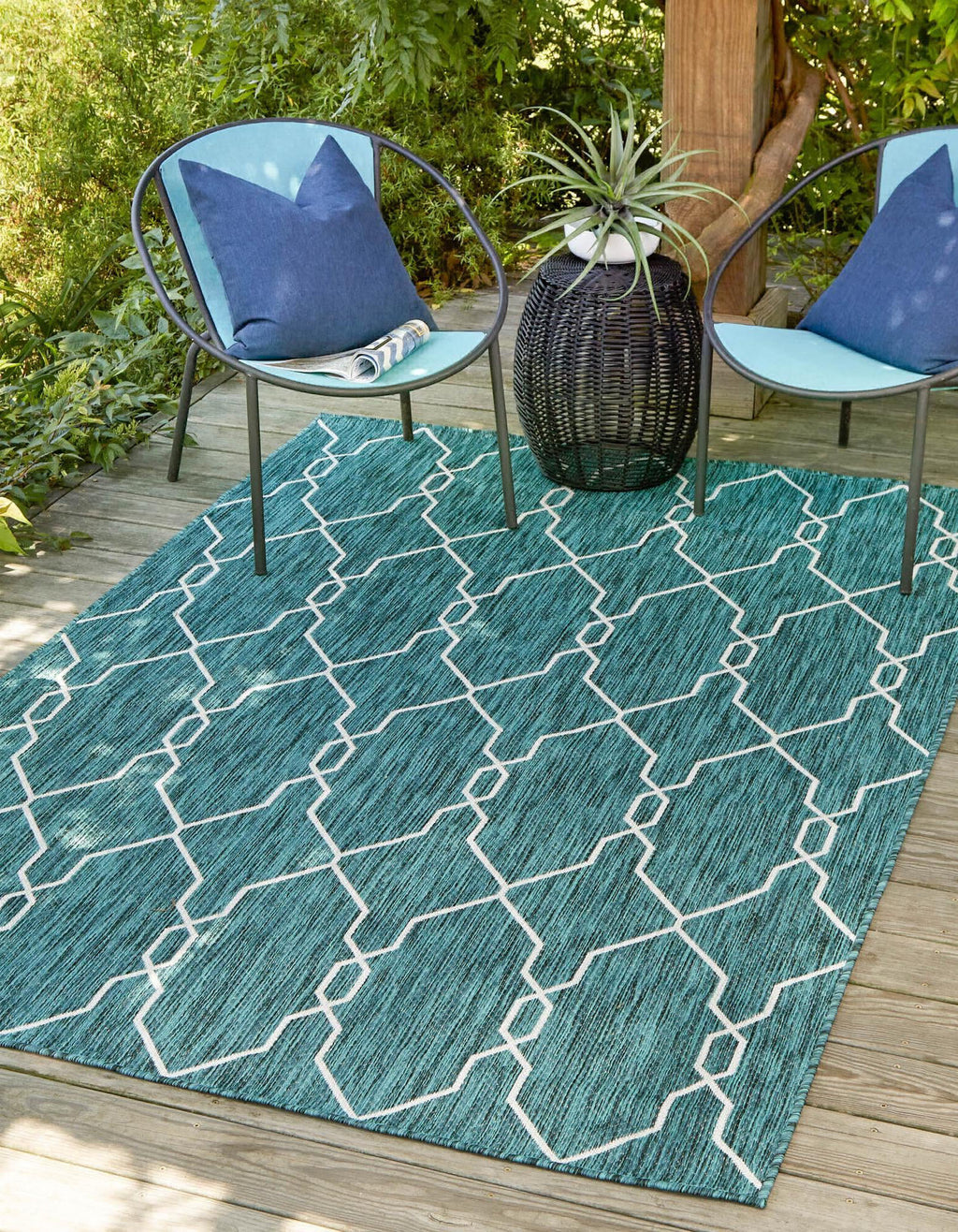 Unique Loom Outdoor Trellis T-KZOD14 Teal Area Rug Rectangle Lifestyle Image Feature