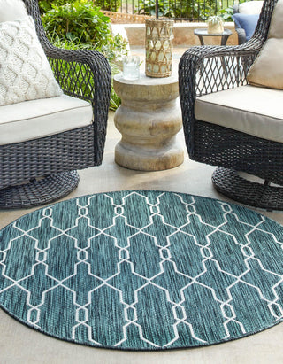 Unique Loom Outdoor Trellis T-KZOD14 Teal Area Rug Round Lifestyle Image