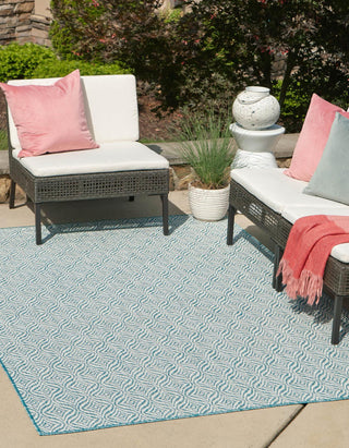 Unique Loom Outdoor Trellis T-KZOD15 Aqua Area Rug Rectangle Lifestyle Image Feature