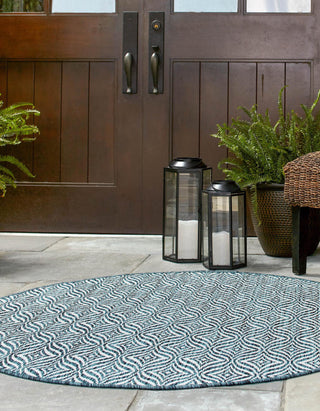 Unique Loom Outdoor Trellis T-KZOD15 Teal Area Rug Round Lifestyle Image