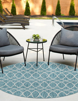 Unique Loom Outdoor Trellis T-KZOD24 Light Aqua Area Rug Round Lifestyle Image