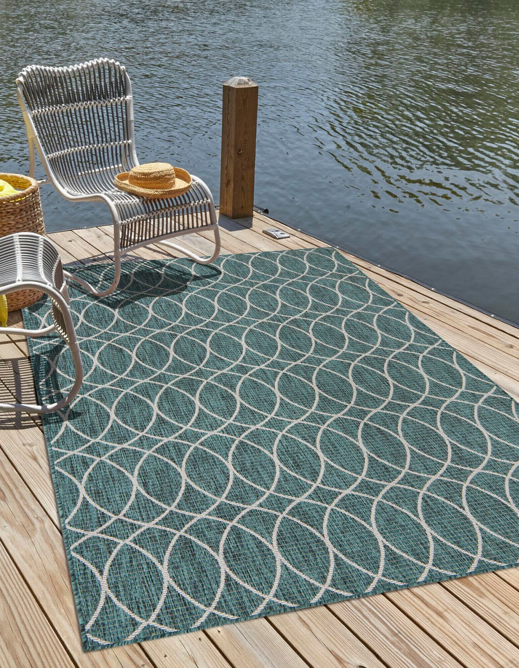Unique Loom Outdoor Trellis T-KZOD24 Teal Area Rug Rectangle Lifestyle Image Feature