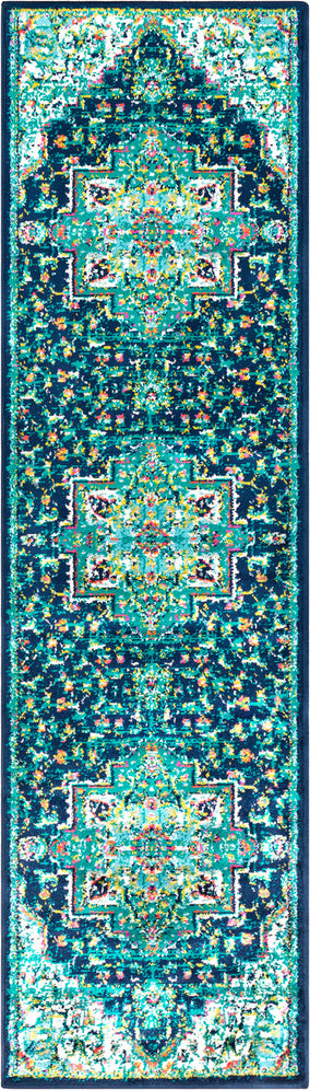 Surya Paramount PAR-1107 Teal Dark Blue Aqua Lime Fuchsia Bright Orange Cream Light Gray Area Rug Runner Image