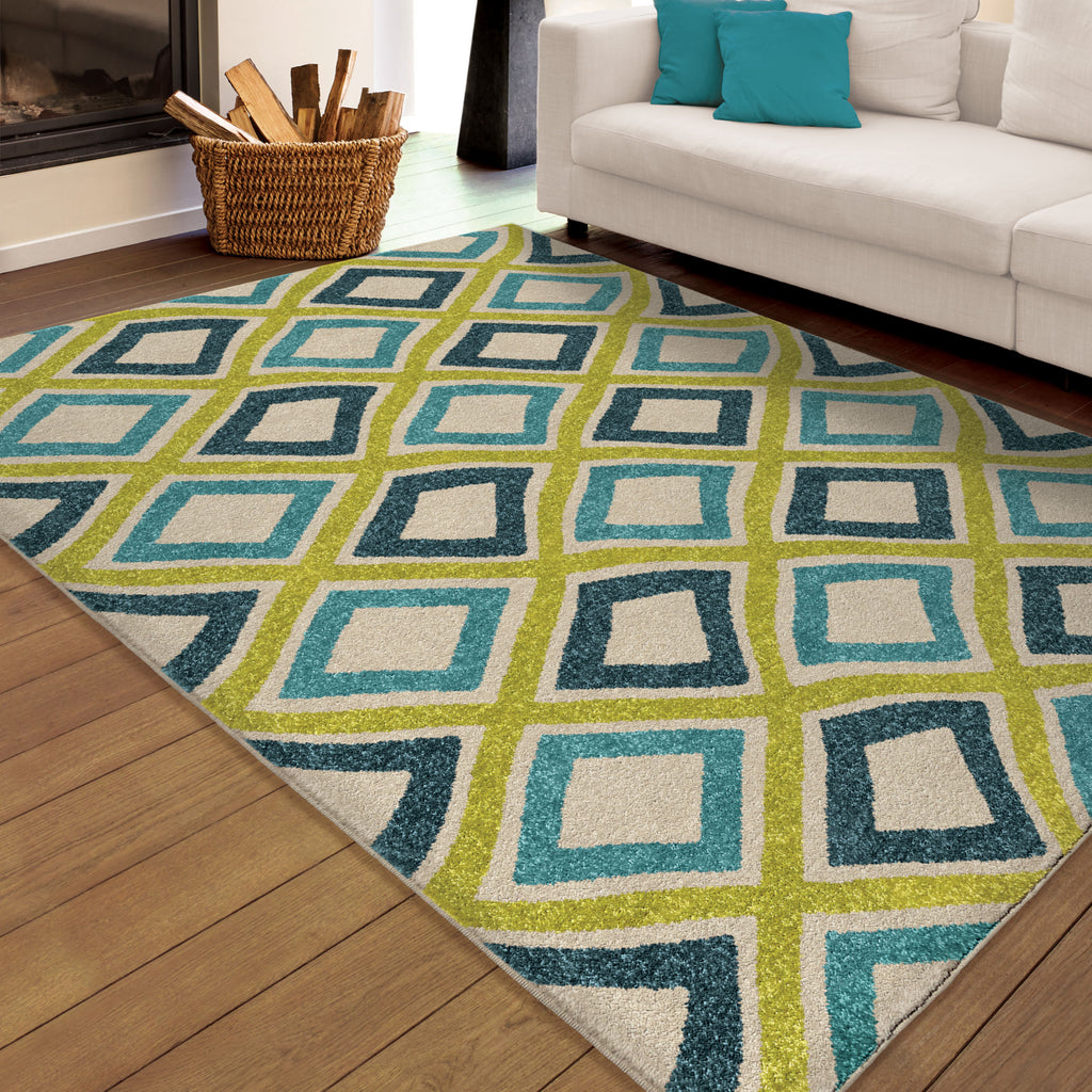 Orian Rugs Promise Swirly Squares Green Area Rug Room Scene Feature