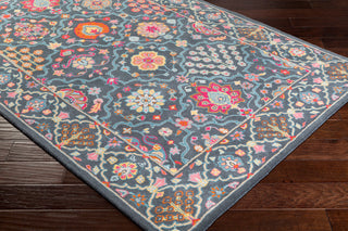 Surya Rajhari RJH-1006 Charcoal Teal Sage Wheat Saffron Burnt Orange Bright Pink Aqua Area Rug Corner Image