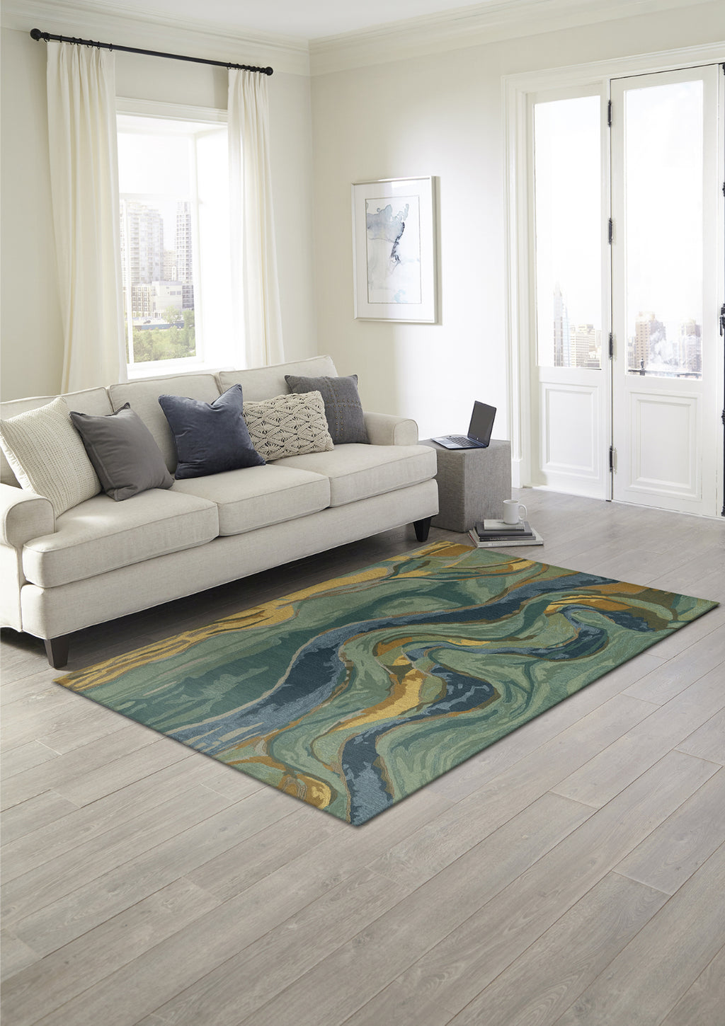Trans Ocean Corsica 9149/03 Panorama Blue Area Rug by Liora Manne Room Scene Image Feature