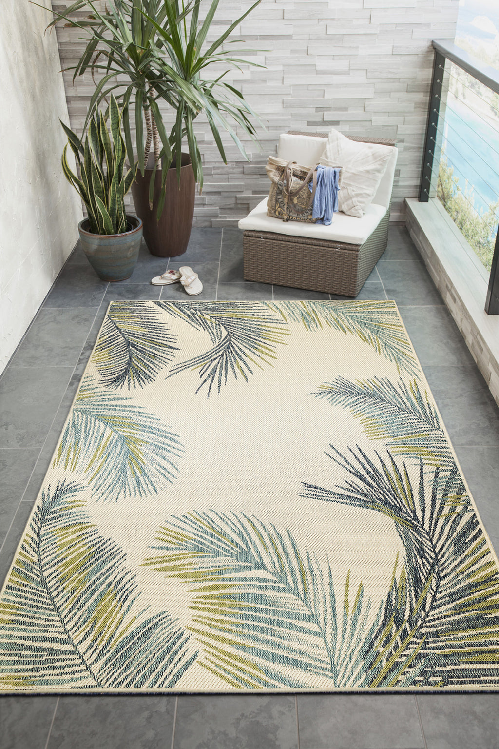 Trans Ocean Portofino 7082/02 Palm Border Ivory Area Rug by Liora Manne Room Scene Image Feature