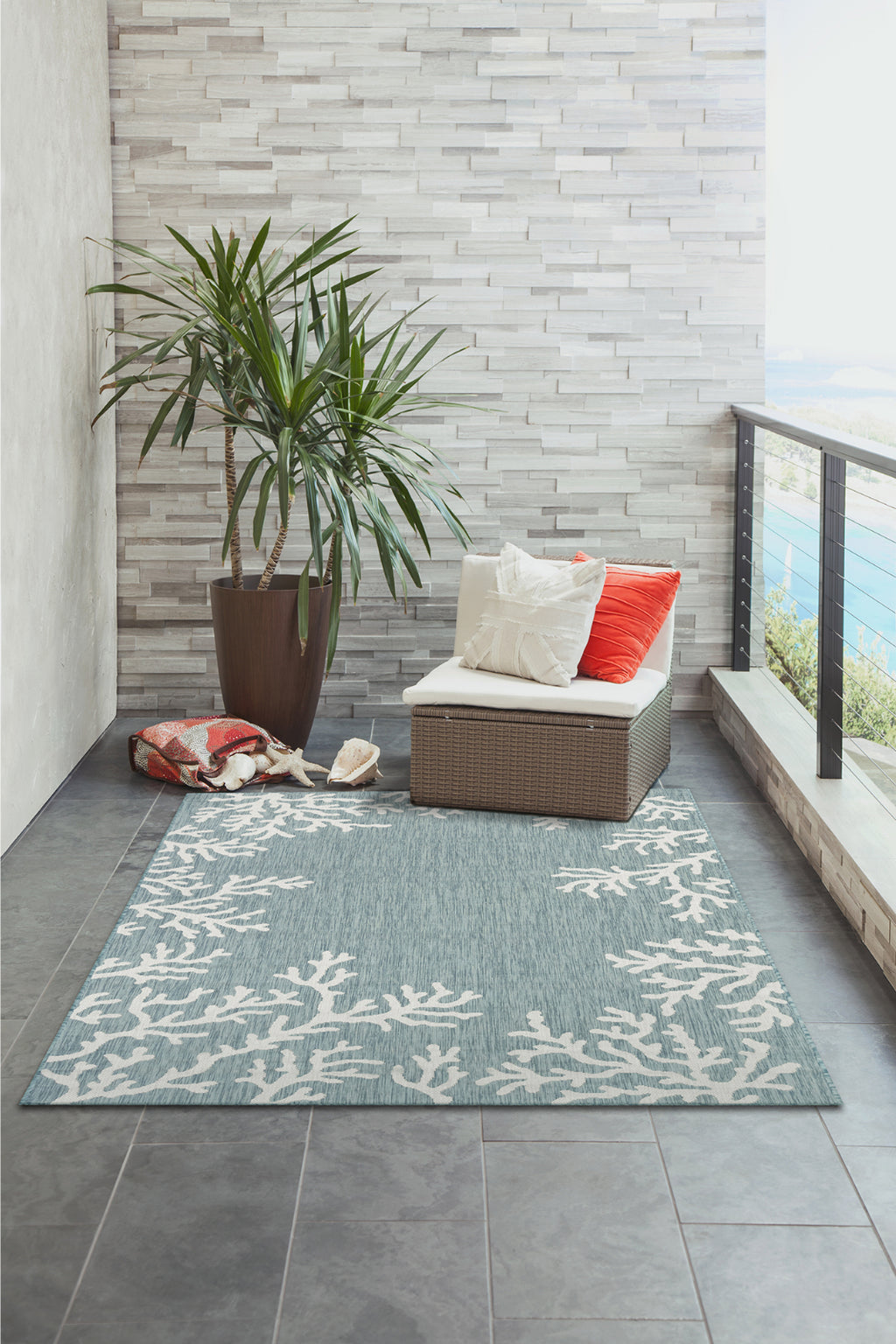 Trans Ocean Carmel 8448/04 Coral Border Blue Area Rug by Liora Manne Room Scene Image Feature