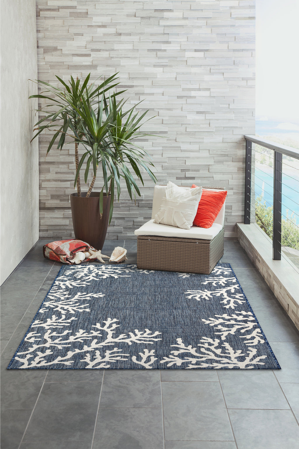 Trans Ocean Carmel 8448/33 Coral Border Blue Area Rug by Liora Manne Room Scene Image Feature