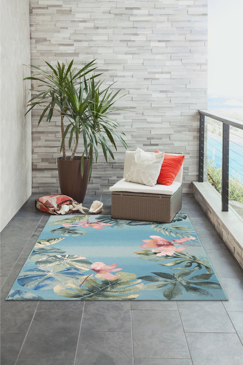 Trans Ocean Marina 8087/04 Tropical Border Blue Area Rug by Liora Manne Room Scene Image Feature
