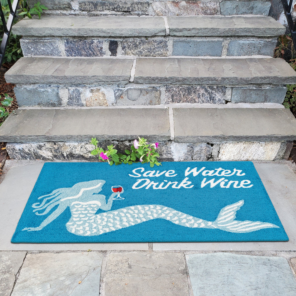 Trans Ocean Frontporch 4352/04 Save Water Drink Wine Blue Area Rug by Liora Manne Room Scene Image Feature