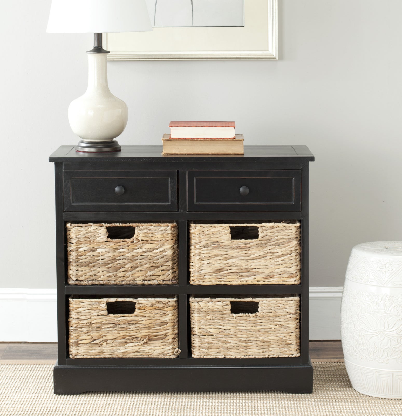 Safavieh Herman Storage Unit With Wicker Baskets Distressed Black Incredible Rugs and Decor Safavieh Herman Storage Unit With Wicker Baskets Distressed Black Incredible Rugs and Decor