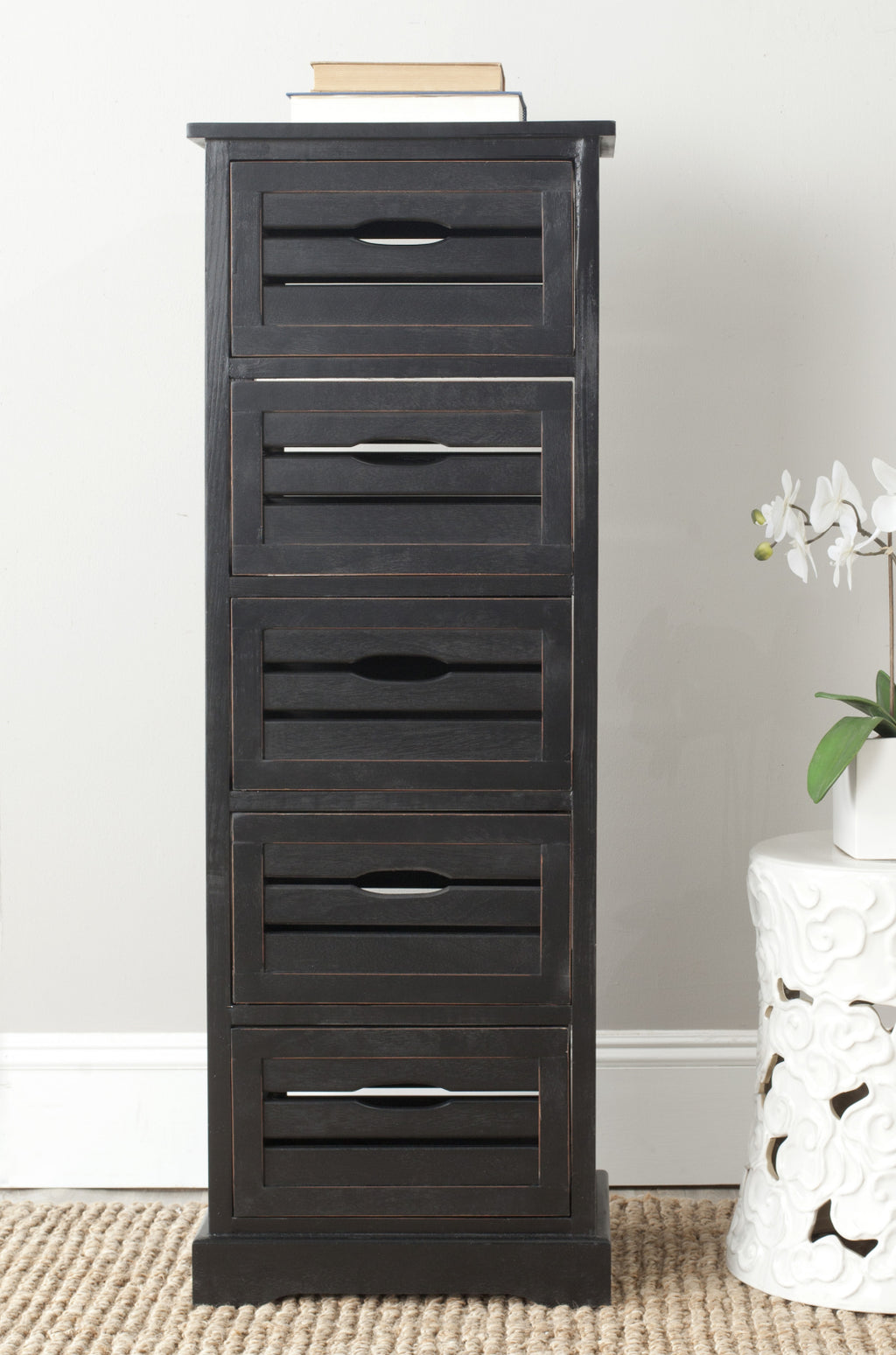 Safavieh Sarina 5 Drawer Cabinet Distressed Black Furniture  Feature