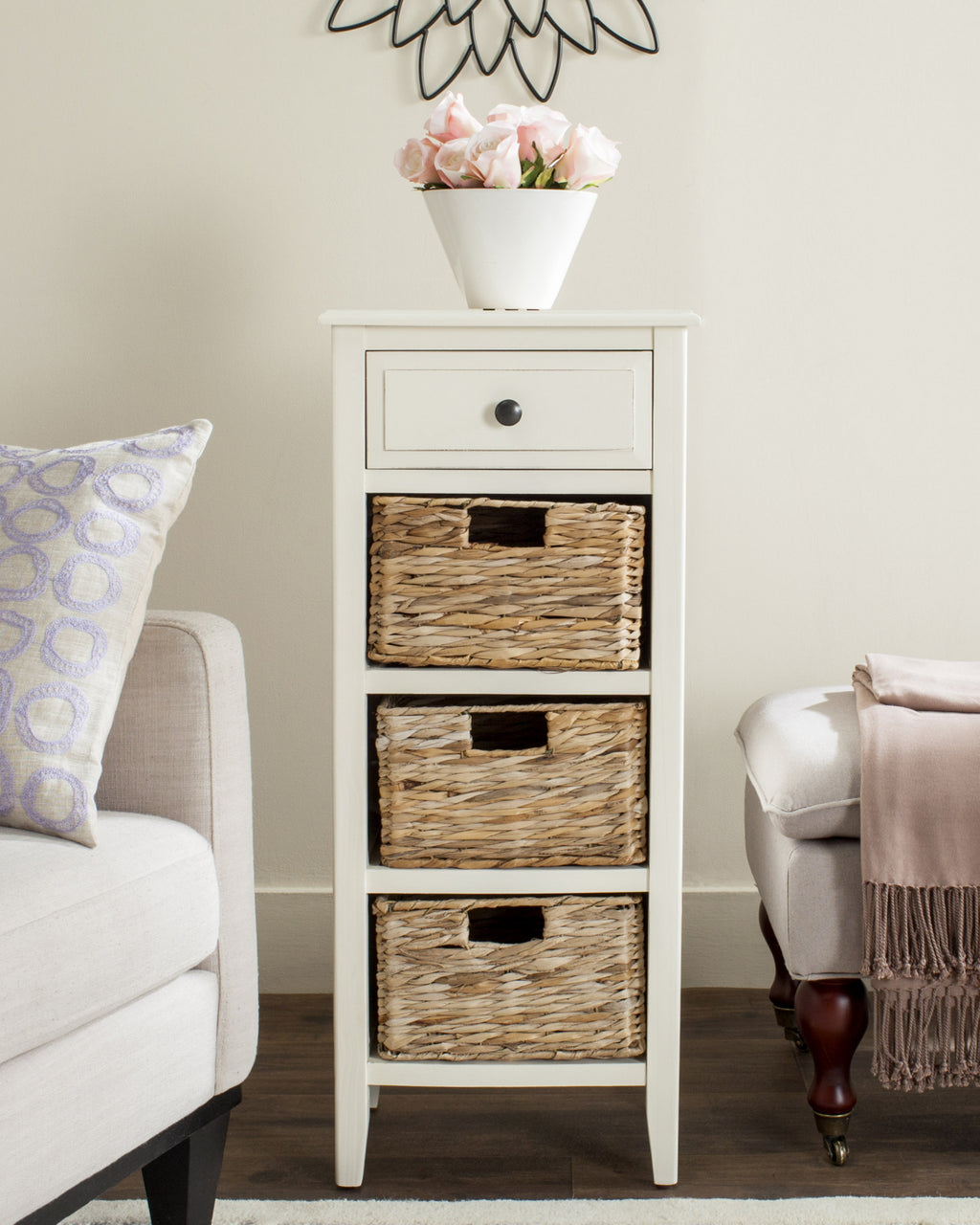 Safavieh Michaela Drawer Side Table Distressed White Furniture  Feature
