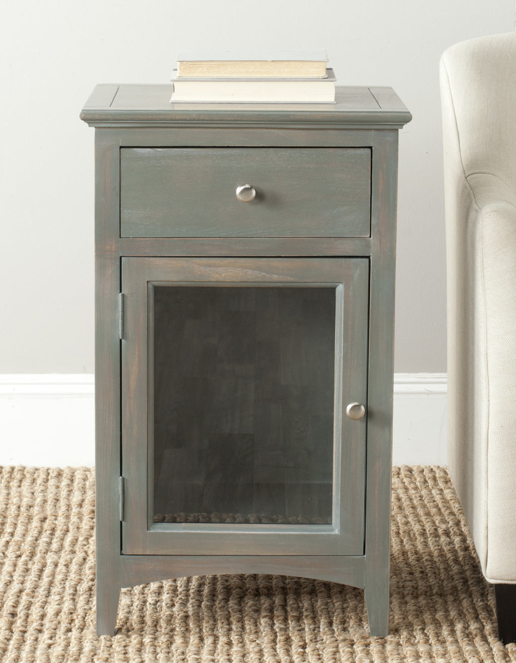 Safavieh Ziva One Drawer End Table With Glass Cabinet French Grey Furniture  Feature