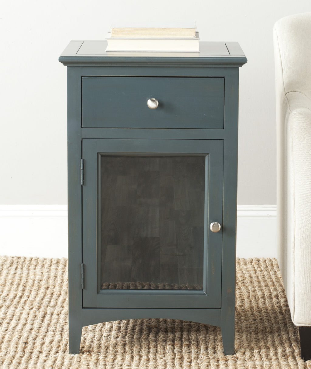 Safavieh Ziva One Drawer End Table With Glass Cabinet Steel Teal Furniture  Feature