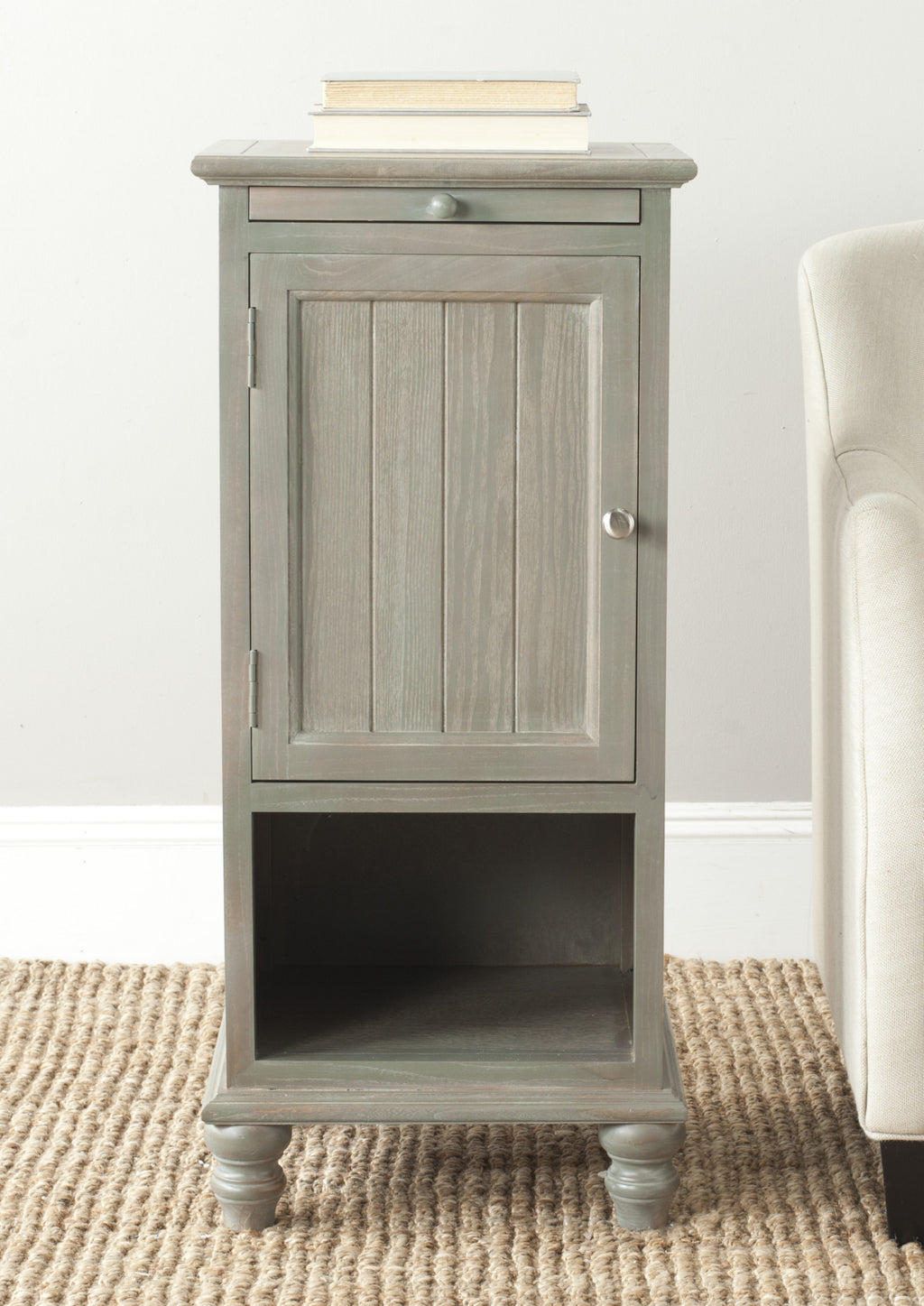 Safavieh Jezabel One Cabinet End Table With Pull Out Tray French Grey Furniture  Feature
