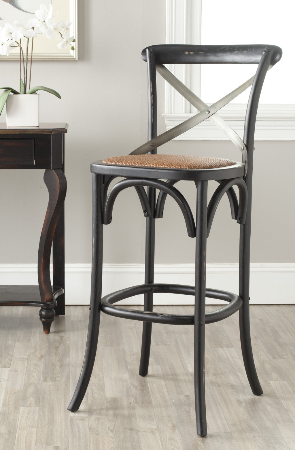 Safavieh Eleanor X Back Bar Stool Distressed Hickory and Medium Brown Furniture  Feature