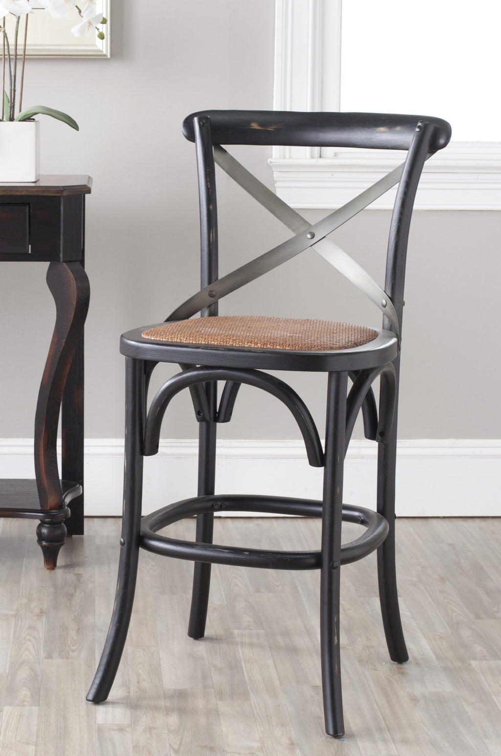 Safavieh Eleanr X Back Counter Stool Distressed Hickory and Medium Brown Furniture  Feature