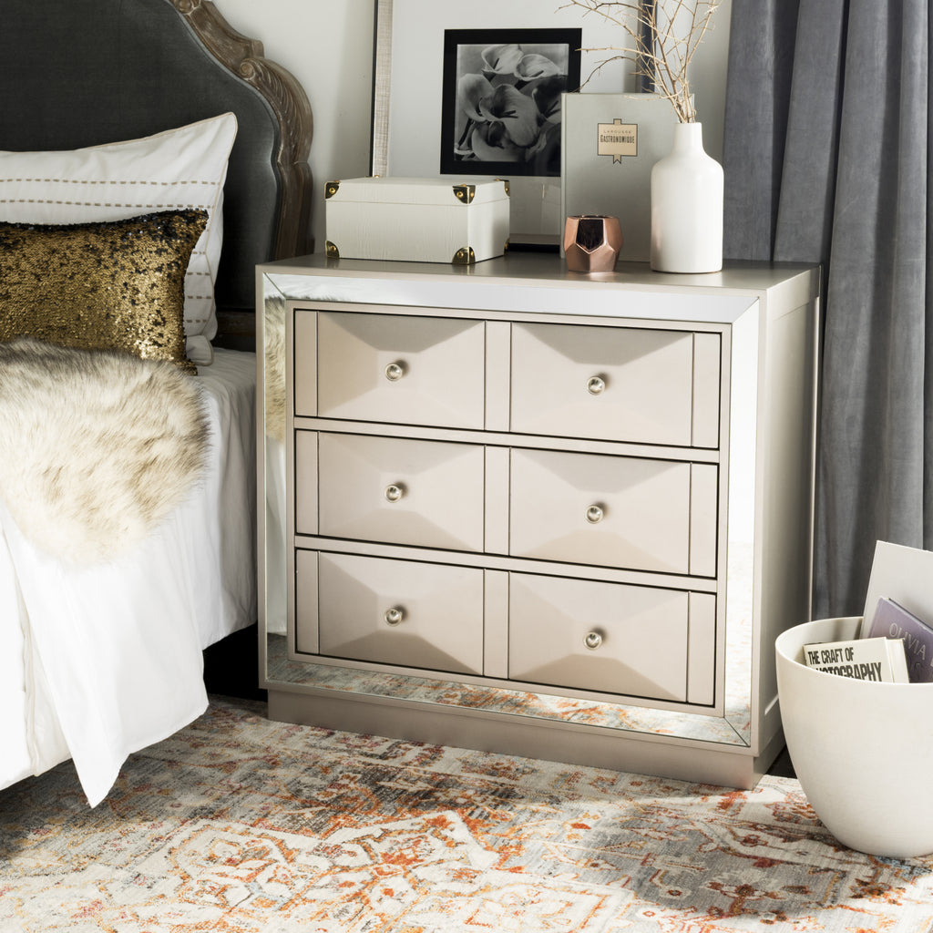 Safavieh Sloane 3 Drawer Chest Champagne and Nickel Mirror  Feature