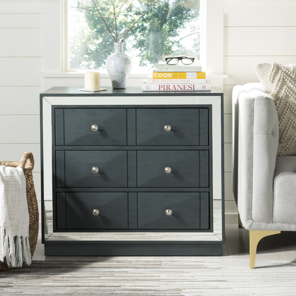 Safavieh Sloane 3 Drawer Chest Steel Teal and Nickel Mirror  Feature