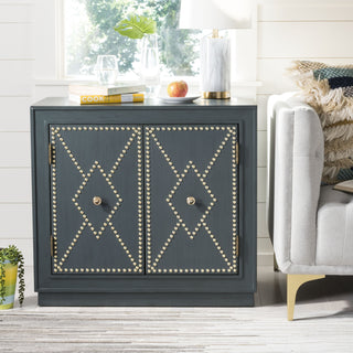 Safavieh Erin 2 Door Chest Steel Teal Linen and Gold Mirror  Feature