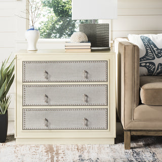 Safavieh Laputa 3 Drawer Chest Antique Beige and Light Grey Linen Nickel  Feature