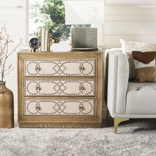 Safavieh Aura 3 Drawer Chest Rustic Oak and Beige Linen Copper  Feature