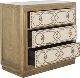 Safavieh Aura 3 Drawer Chest Rustic Oak and Beige Linen Copper Furniture 