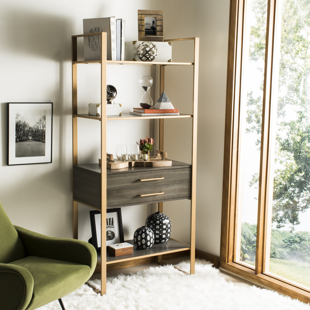 Safavieh Skylar 4 Tier 1 Drawer Etagere Gold and Grey Oak  Feature