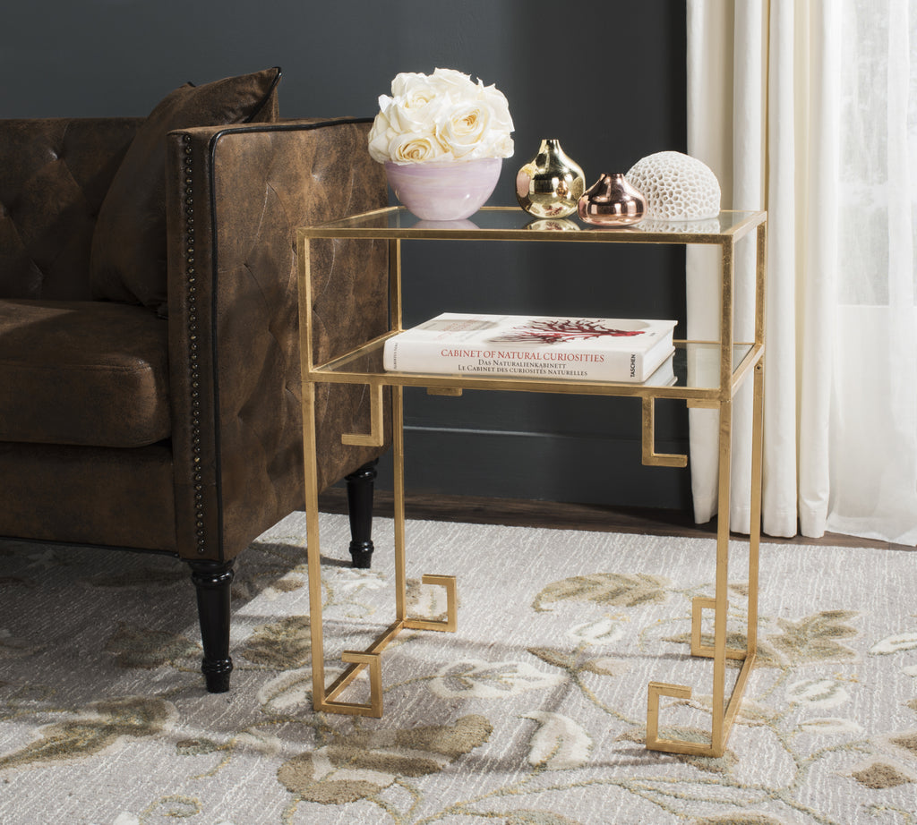 Safavieh Berdine Glass Top Greek Key Table Antique Gold Furniture  Feature