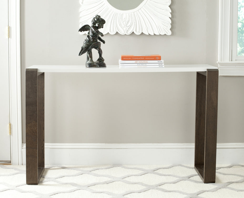 Safavieh Bartholomew Mid Century Scandinavian Lacquer Console Table White and Dark Brown Furniture  Feature